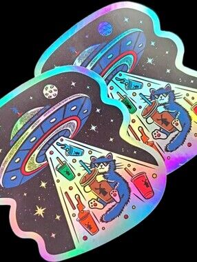 Set Of 2 👈 Dutch Bros Limited Edition Holographic UFO Cat Stickers ✨️NWT✨️
